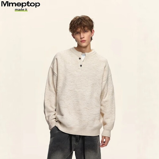 MMOPTOP relaxed henley collar pullover sweater autumn and winter men's coat containing sheep wool sweater MMY17 oatmeal gray L