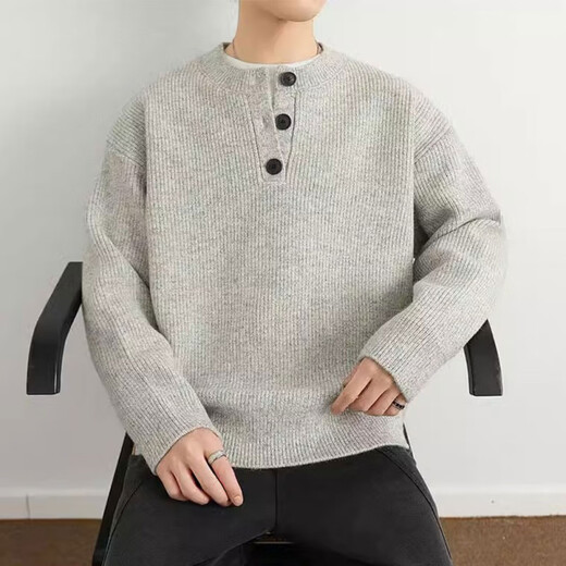 Elos Castle Henley Collar Sweater Men's Autumn and Winter Warm Loose Breasted Sweater Trendy Brand Casual Versatile Pullover Light Gray Sweater Black Gray 2XL