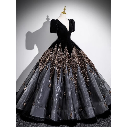 Ji Mi black evening dress hosted sequin student day coming of age ceremony art test vocal solo princess dress light luxury niche high-end black without bustle XL