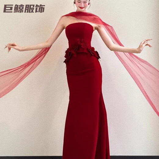 Tromlfz toast dress bride new tube top beautiful light wedding dress bride dressing gown red engagement dress skirt small tail burgundy L