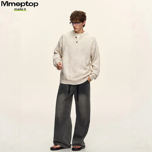 MMOPTOP relaxed henley collar pullover sweater autumn and winter men's coat containing sheep wool sweater MMY17 oatmeal gray L