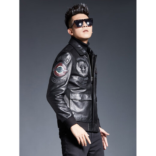ARMANI EXCHANGE Armani 2025 new sheep leather jacket men's motorcycle jacket lapel B6 air force flight embroidered leather jacket spring and autumn black silk cotton + lamb fur collar L 110-125Jin Jin equals 0.5 kg
