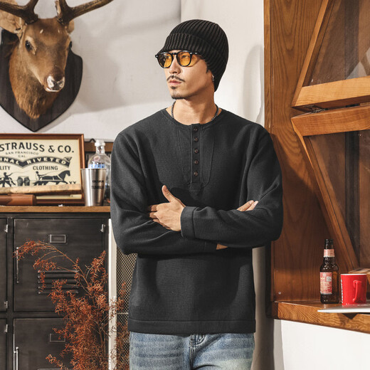 Mao Rong Warm Autumn American Revival Old Money Henry Collar Sweater Men's Spring and Autumn New Style Knitted Sweater Top Loose Lazy Style Wool Blue Gray S_Suitable for 90-110Jin Jin is equal to 0.5 kg