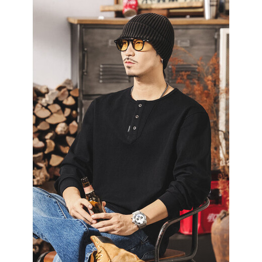 Pop Warm Autumn American Retro Henley Collar Polo Shirt Men's Long Sleeve Autumn New Tough Guy T-Shirt Men's Loose Black Black M _Suitable for 100-125Jin Jin equals 0.5 kg