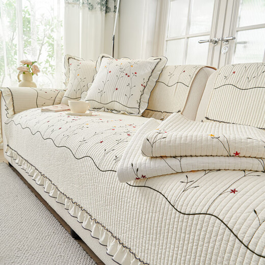 MUJI pure cotton sofa cushion 100% cotton seat cushion 2026 new style small fresh pastoral flowers high-end non-slip sofa cover ruffle Qingwan-beige maternal and infant grade 100% cotton 70cm*70cm