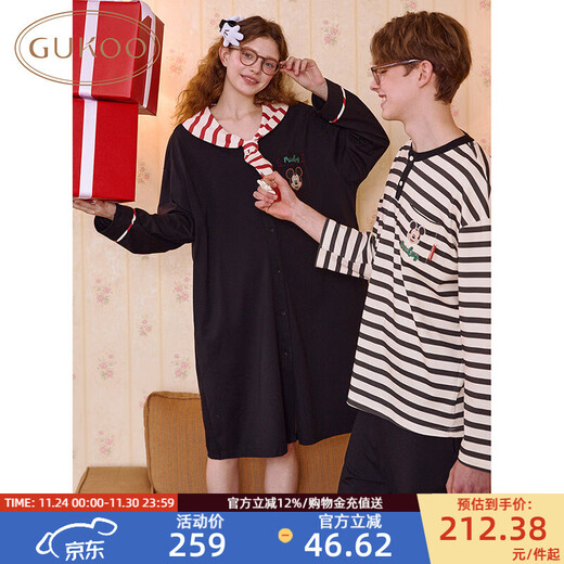 Gukoo Couple Pajamas Spring and Autumn Women's New Nightgown Disney Cotton Men's Home Clothes Set Can Be Weared Outside C Black Couple Home Clothes S Women