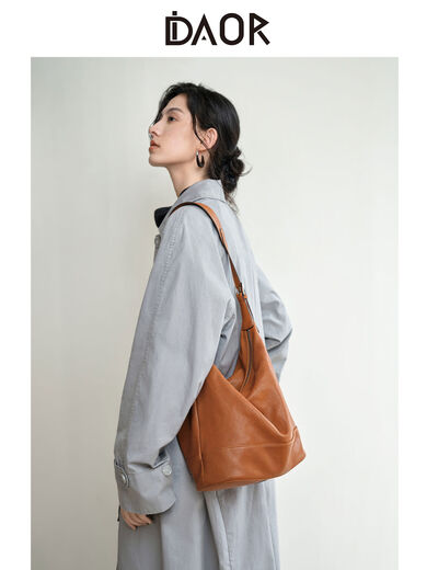 DAOR grid series collapsible bag vegetable tanned sheepskin double-ear bucket bag women's large capacity commuter shoulder crossbody bag caramel color