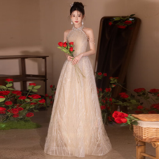 Xiaohanlu halterneck evening dress annual meeting 2025 new light luxury niche temperament banquet host birthday dress champagne color M