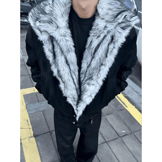Luyal American fake two-piece Wolf Throne mountain carving cotton jacket for men in winter, warm and thickened, temperamental and warm, high-grade cotton jacket, black XL, it is recommended to take one size larger