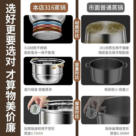 Jingdong online supermarket operates from the official store flagship 316 stainless steel steamer 2025 new household thickening purchasing agent brown lid double-layer steamer extra thick 26C e 26cm