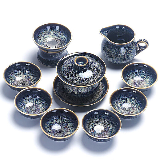 Zexiantang's new high-end Jianzhan Kungfu tea set home office business gift ceramic bowl kiln change set Starry Sky Jianzhan teapot set 9 pieces