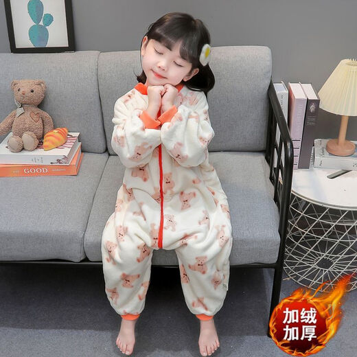 Children's coral velvet one-piece pajamas for autumn and winter girls' flannel sleeping bags for baby girls plus velvet and thickened rompers to keep warm Orange-double layer velvet and thickened 80