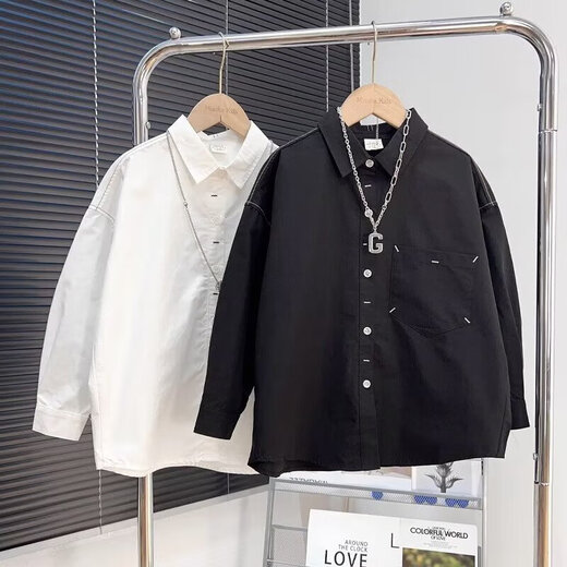 Cool and handsome loose white shirt for boys 2025 new spring and autumn medium and large children black long-sleeved casual lapel top white 140