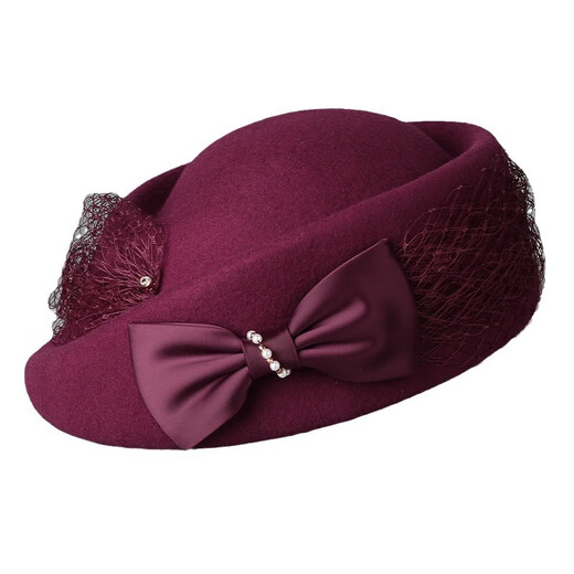 Kuosheng Australian woolen fashion hat women's autumn and winter felt hat mesh evening hat bow beret black adult one size (adjustable 56-58cm)