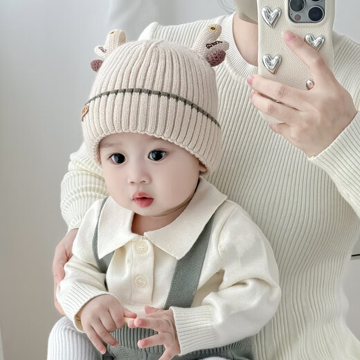Baby Hat Autumn and Winter Pure Cotton Baby Antler Knitted Hat Thickened Warm Winter Infant and Child Wool Hat MY J Antler Straight Tong Hat - Beige One Size Recommended 5 months - 3 years old Head circumference 44-51cm