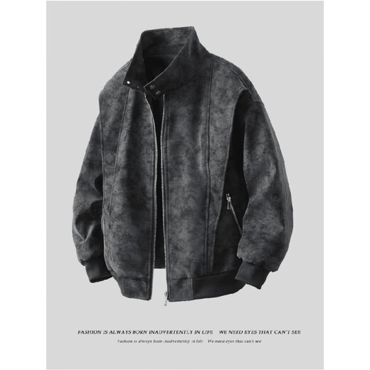 Liser唐团夹克男女款春秋季美式覆古棒球领休闲宽松美拉德水洗皮衣港风 灰色 L