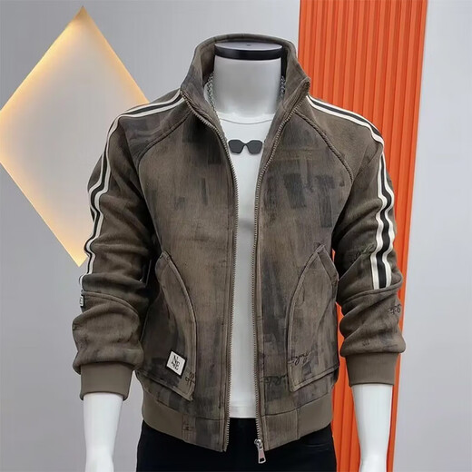 New men's jacket with retro pattern, fashion trend, versatile stand-up collar, slim and handsome casual top, autumn and winter green L (recommended 105-115Jin Jin equals 0.5kg)