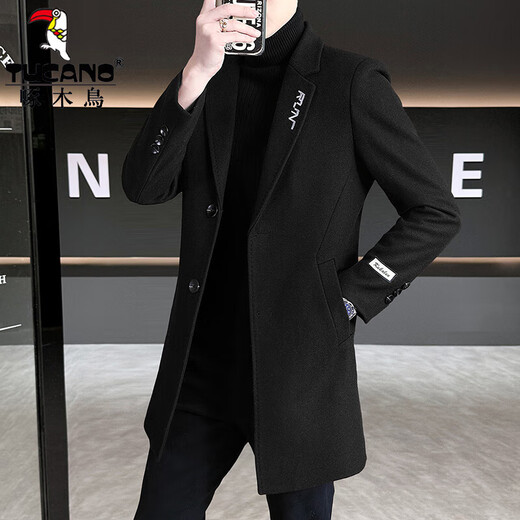 Woodpecker Wollwollmantel für Herren im koreanischen Stil, schmal, mittellang, Windjacke, Herbst und Winter, verdickte neue Wolljacke für Herren, Schwarz, 3XL (155 ~ 170 Jin Jin entspricht 0,5 kg)