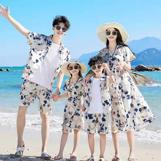 Shijanu parent-child outfits for a family of three on summer seaside vacation, parent-child outfits for a family of three and four, summer outfits, father-son outfits, beach floral shirts, retro splash-ink print suits 165 165 Mom S