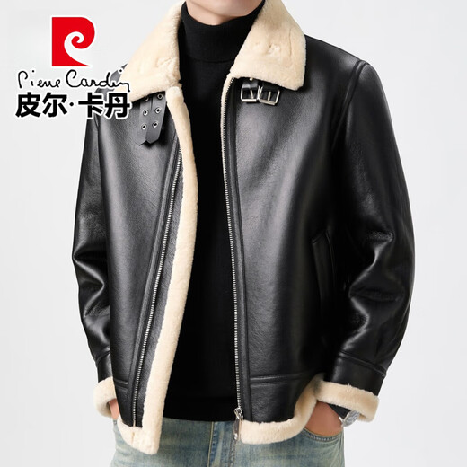 Pierre Cardin flagship store fur-integrated plus velvet leather jacket men's lamb velvet comfortable and warm jacket thickened cold-proof leather jacket for men black fur-integrated M /170