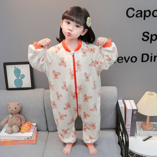 Children's coral velvet one-piece pajamas for autumn and winter girls' flannel sleeping bags for baby girls plus velvet and thickened rompers to keep warm Orange-double layer velvet and thickened 80