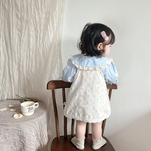 Baby girl autumn clothing 2025 new girl princess top summer suspender skirt suit Western style going out two-piece set light blue top + floral overalls_long-sleeved top + skirt 73 cm_recommended about 66-70cm__14-17Jin Jin equals 0.5 kg