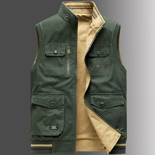 卡思威仪春秋新款双面穿马甲男工装多口袋男士宽松大码纯棉立领无袖外套男 米白色/反面卡其色 XL 【建议140斤体重左右】