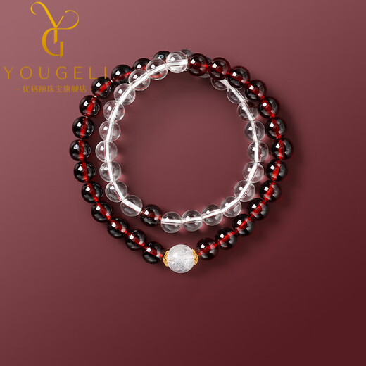 Yogurt 18K gold natural garnet double circle bracelet women's white crystal bracelet jewelry gift for girlfriend, beads 6mm