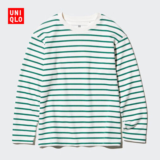 Uniqlo children's clothing boys and girls AIRism cotton blended round neck T-shirt/long-sleeved striped 474833 55 turquoise 130