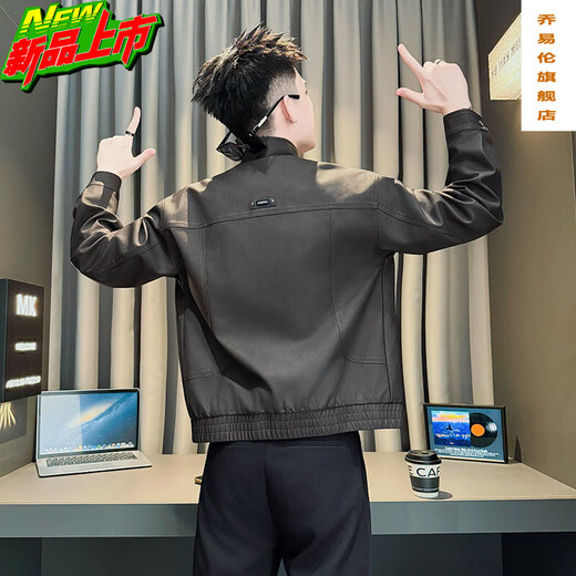 Qiao Yilun Men's Brown Leather Jacket Spring and Autumn American Retro Motorcycle Pu Leather Jacket Trendy New Casual Jacket Brown M