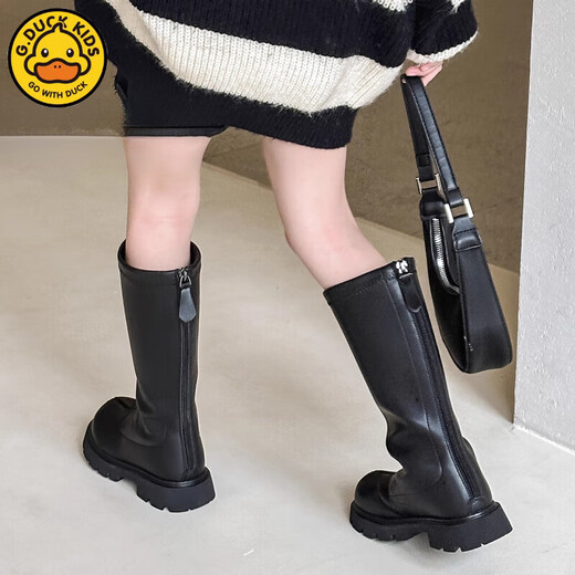 G.duck Little Yellow Duck Girls' Boots Autumn and Winter Plus Velvet 2025 New Medium and Large Children's Soft Sole High Children's Boots Girls Long Black Single Liner Size 26/Inner Length 16.7cm