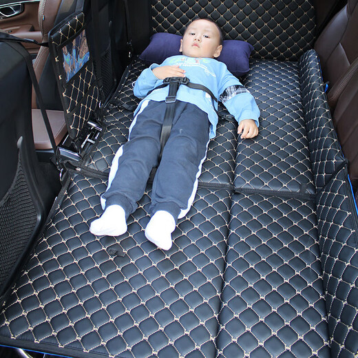 Car rear seat folding bed, car rear sleeping mat, children's car travel mattress, stroller sleeping device, double-sided standard model, French classic leather black/blue fat man