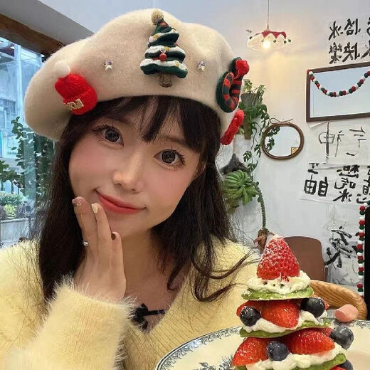 Miss Right's 25-year-old new Korean style Christmas red wool Nibere hat for women, winter warm student painter hat, adult Christmas tree beret - white, one size fits all 56-58