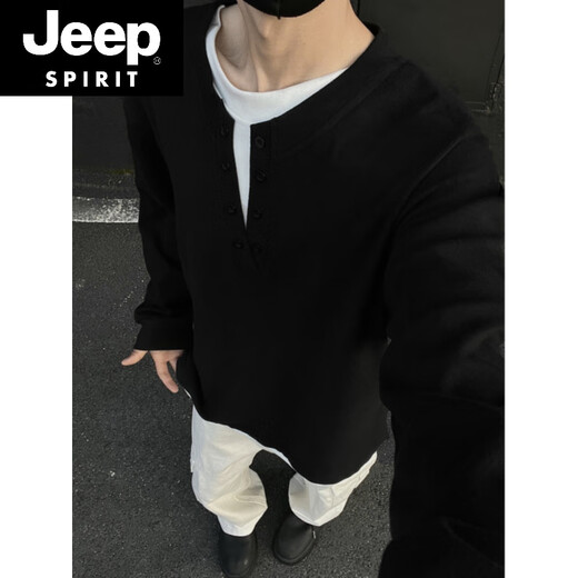 JEEP SPIRIT fake two-piece Henry collar German velvet bottoming shirt men's winter plus velvet thickened sweatshirt autumn and winter 300g heavyweight long-sleeved T-shirt dark gray M