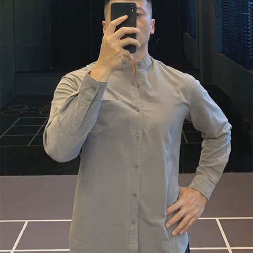 Urban commuting Japanese retro Henry collar cotton shirt long-sleeved T-shirt men's casual shirt black M