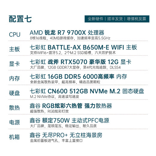 Colorful Ruilong R7 9700X/R5 9600X RTX5070Ti/32G desktop AI computer 5080 game AI rendering design DIY computer assembly complete machine with seven 9700X丨D5丨RTX5070 12G