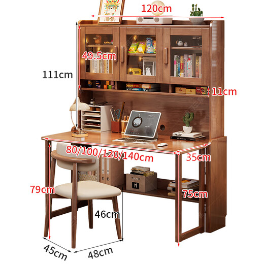 Huixun Nordic Solid Wood Folding Desk and Bookcase Integrated Bedroom Simple Office Computer Desk Bedside Retractable One-piece Study Table Walnut #Folding Desk + Bookshelf 80cm*60cm*75cm Total Height 186cm