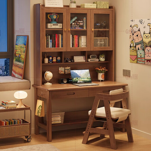 Guijiayuan all solid wood desk study table and chair desk bookcase integrated bookshelf living room desk computer bedroom writing table original white desk + back chair A length, width and height 120*60*195cm desktop thickness 2.2cm