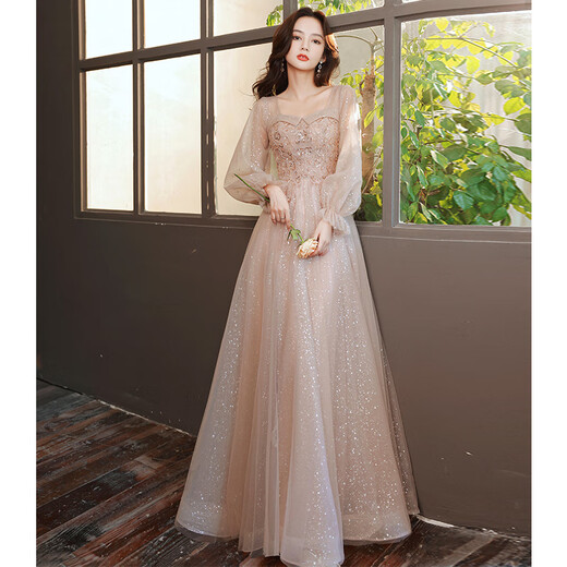 Chuangjingyi selects winter adult ceremony skirt evening dress for women 2025 new spring long-sleeved lady banquet temperament niche host strap long style_608 khaki XS