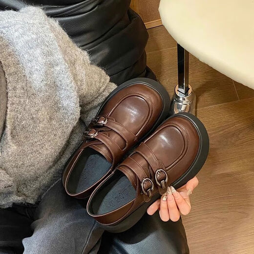 Spring college style thick-soled loafers for women with belt buckles, versatile casual shoes, small leather shoes, black - ready stock 36 36