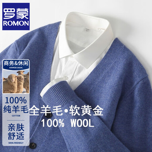 ROMON's new autumn and winter 100% wool sweater men's V-neck solid color cardigan sweater jacket loose casual versatile sweater sky blue L