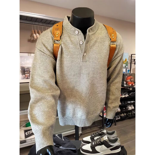 Gray American Henry collar knitted sweater for men in winter, lazy style cleanfit inner base sweater jacket, light gray M M95-115Jin Jin is equal to 0.5 kg