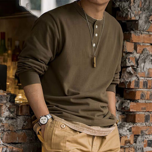 American retro Henry collar heavyweight T-shirt 280g thickened long-sleeved bottoming shirt tough guy men autumn and winter ivory white L L