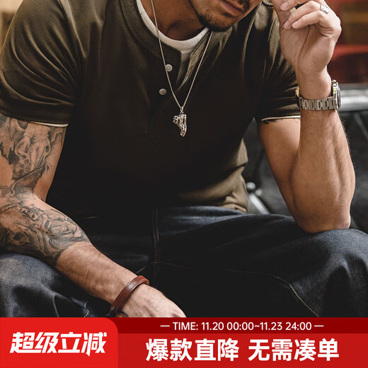 Madden workwear Henley short-sleeved men's summer and autumn heavyweight pure cotton breathable half-sleeved bottoming shirt American retro men's T-shirt Army Green S