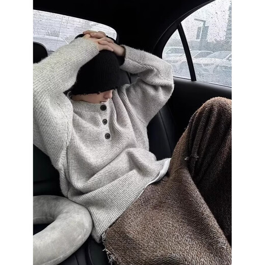 Autumn and winter fashion cleanf single-breasted sweater men's fashion lazy style Henry collar sweater loose jacket gray M