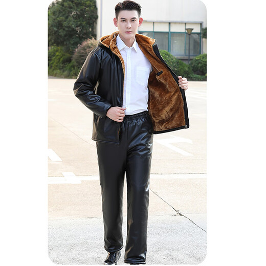 LNGA LANDGRE winter leather men's jacket 2026 new velvet thickened workwear suit oil-proof and waterproof leather jacket and leather pants suit for men gold velvet straight pants pocket suit 4XL large size recommended weight 165-200Jin Jin equals 0.5 kg