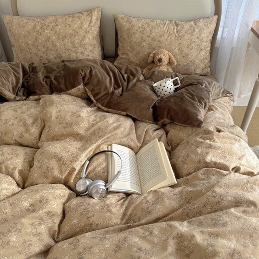 Yalu double-layer gauze washed cotton plus velvet bed four-piece set autumn and winter milk velvet quilt cover sheet bedding three-piece set Zhiqiu A side double layer gauze B side baby velvet 1.8m bed sheet style four-piece set (quilt cover 200*230cm)