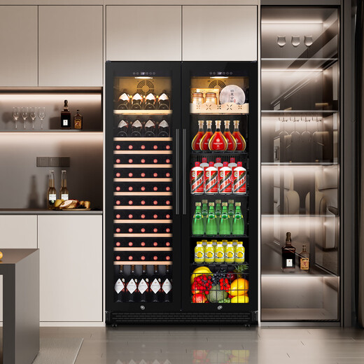 TYLZA double-door red wine cabinet ice bar large capacity thermostatic cabinet can be embedded in air-cooled frost-free dual-temperature household wine and tea refrigerator villa commercial display cabinet TW-418 1.76m high left ice bar + right ice bar 418L