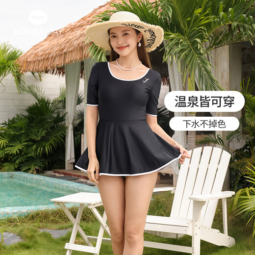 AQUAPLAY安泊来黑色短袖泳衣女泡温泉露背遮肚游泳衣海边度假法式显瘦泳装 【游泳2件套】黑天鹅泳衣+泳镜 M （96-110斤）