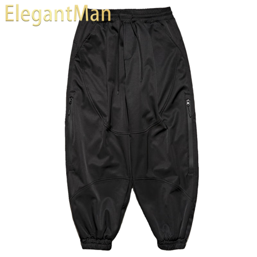 ElegantMan hip-hop high-quality multi-pocket plus velvet thickened overalls for men in autumn and winter warm and loose functional leggings harem pants black plus velvet M